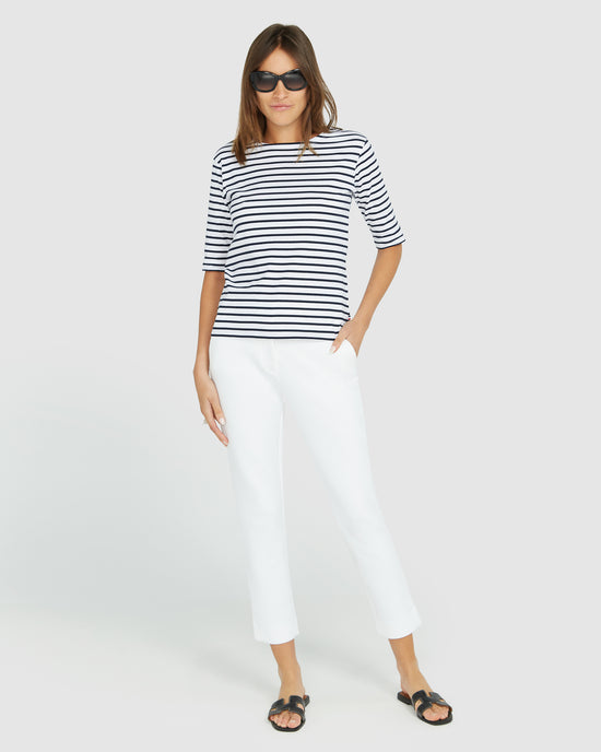 Load image into Gallery viewer, La Bouvier Navy Stripe French Tee - Boat Neck neck

