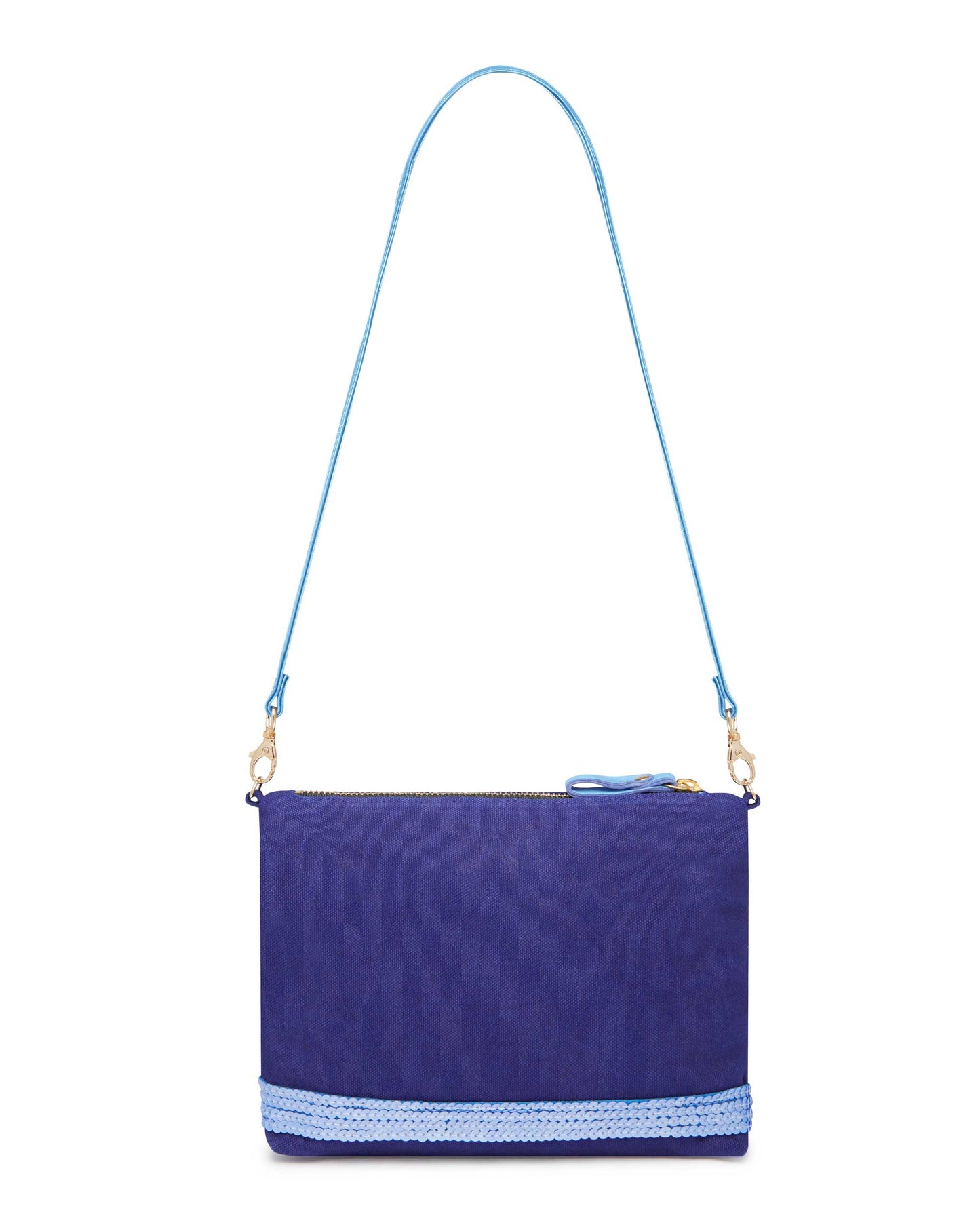 Clutch Bags Pochette - 100% Cotton Canvas With Sequin Trim and Leather Strap Blue