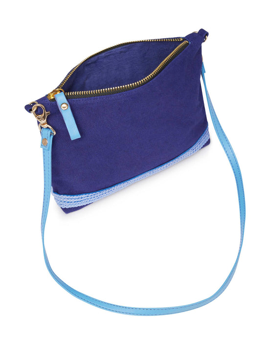 Clutch Bags Pochette - 100% Cotton Canvas With Sequin Trim and Leather Strap Blue