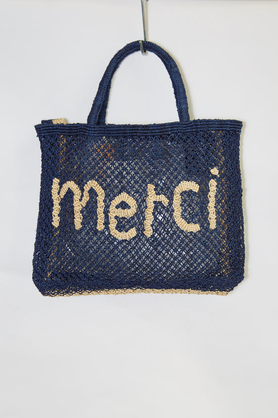 Basket Bag MERCI Blue With Natural Writing